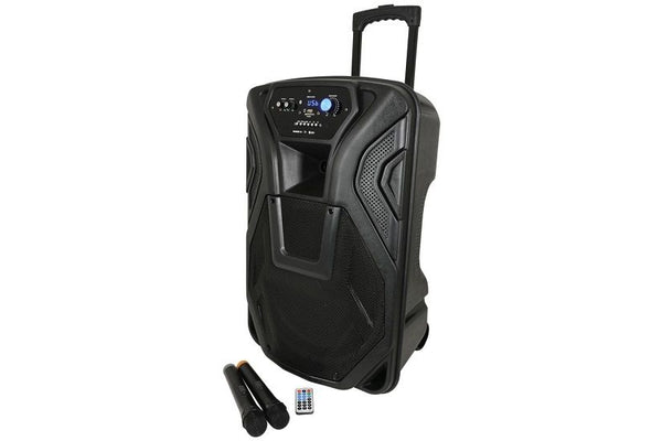 QTX Busker-15 Portable Speaker with VHF Mics, Media Player and Bluetooth Connectivity